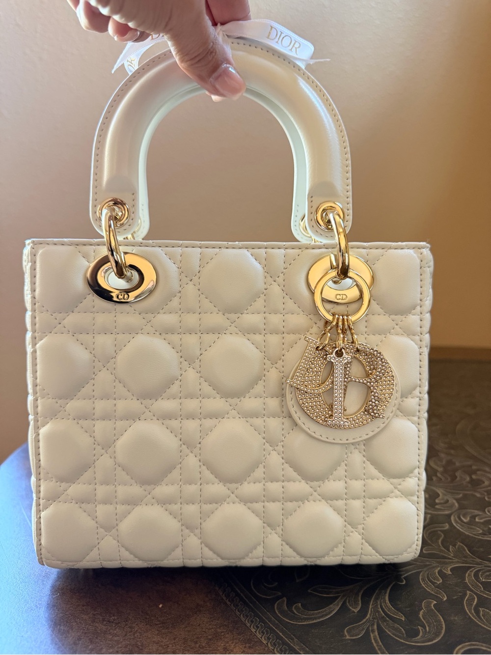 White Leather Quilted Handbag with Gold Hardware